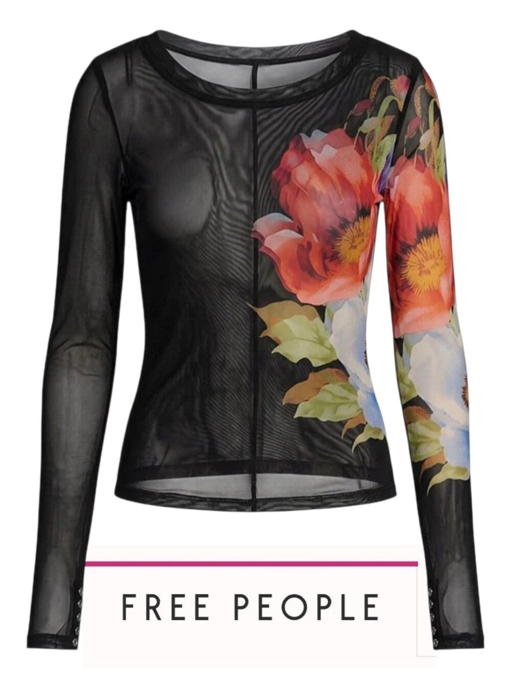 Free People Black Lilly Floral Printed Boat Neck Long Sleeve Mesh Top NWT $78